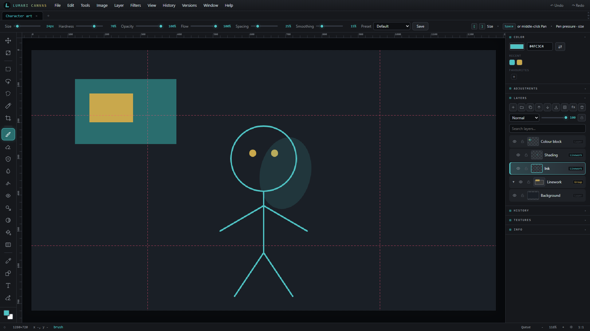 Lumari Canvas layers panel with groups, selection highlight, rulers and guides