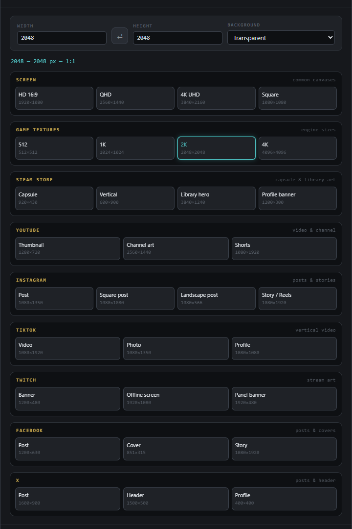 Lumari Canvas New document dialog with screen, game texture, Steam, YouTube, Instagram and more size presets