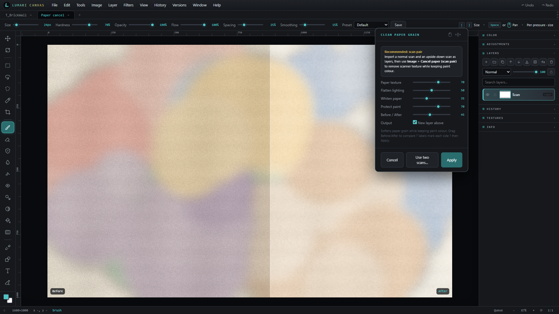 Lumari Canvas cancel paper texture with Before and After labels on each side of the wipe